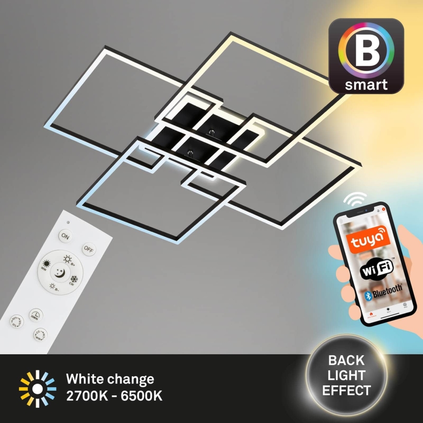 Brilo - LED Ρυθμιζόμενο φωτιστικό οροφής FRAME LED/50W/230V 2700-6500K 72,4x72,4cm μαύρο Wi-Fi Tuya + τηλεχειριστήριο
