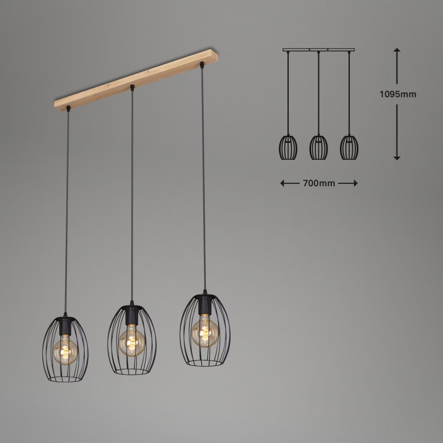 Brilo - Κρεμαστό φωτιστικό οροφής WAKTU 3xE27/60W/230V Καουτσουκόδεντρο