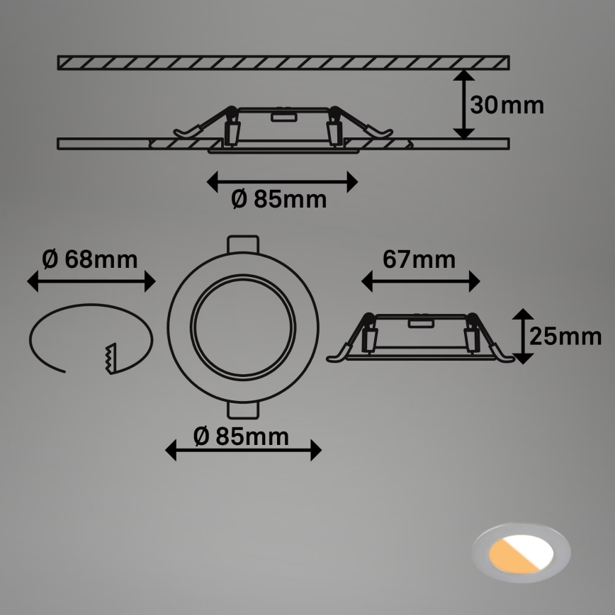 Brilo - ΣΕΤ 3x Χωνευτό Φωτιστικό μπάνιου LED LED/4W/230V IP44 3000/4000K ασημί