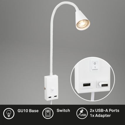 Briloner 2175-016 - Εύκαμπτο επιτοίχιο φωτιστικό με θύρα USB 1xGU10/10W/230V λευκό