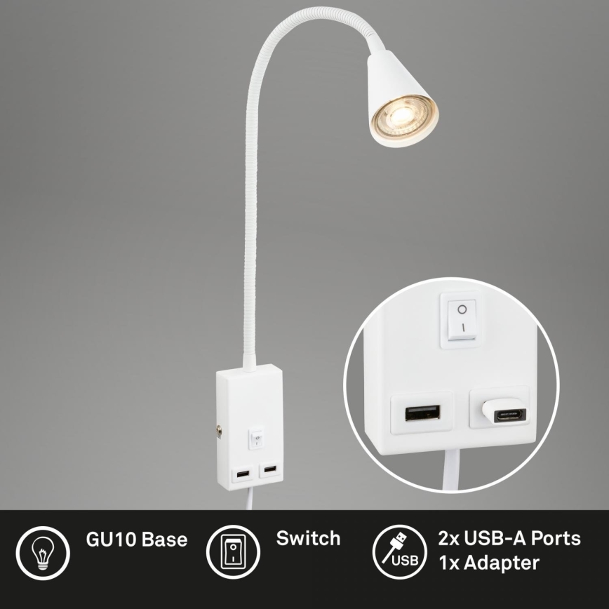 Briloner 2175-016 - Εύκαμπτο επιτοίχιο φωτιστικό με θύρα USB 1xGU10/10W/230V λευκό