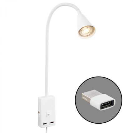 Briloner 2175-016 - Εύκαμπτο επιτοίχιο φωτιστικό με θύρα USB 1xGU10/10W/230V λευκό