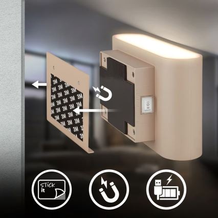 Briloner 3878011 - Επαναφορτιζόμενο επιτοίχιο LED φωτιστικό με αισθητήρα κίνησης και λυκόφωτος CHAT LED/3W/5V 2000 mAh μπεζ
