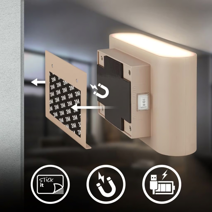 Briloner 3878011 - Επαναφορτιζόμενο επιτοίχιο LED φωτιστικό με αισθητήρα κίνησης και λυκόφωτος CHAT LED/3W/5V 2000 mAh μπεζ