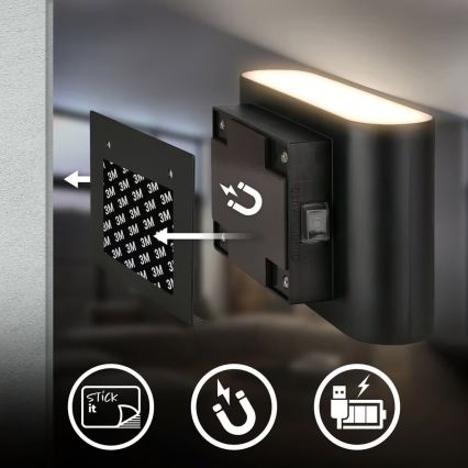 Briloner 3878015 - Επαναφορτιζόμενο επιτοίχιο φωτιστικό LED με αισθητήρα κίνησης και λυκόφωτος CHAT LED/3W/5V 2000 mAh μαύρο