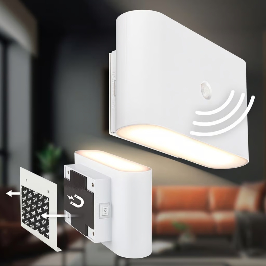 Briloner 3878016 - Επαναφορτιζόμενο LED φωτιστικό τοίχου με αισθητήρα κίνησης και λυκόφωτος CHAT LED/3W/5V 2000 mAh λευκό