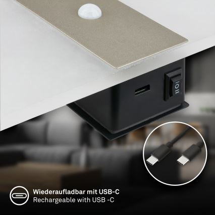 Briloner 3888012 - LED Επαναφορτιζόμενο επιτοίχιο φωτιστικό με αισθητήρα κίνησης και λυκόφωτος AURA LED/2,5W/5V 1800 mAh ματ χρώμιο