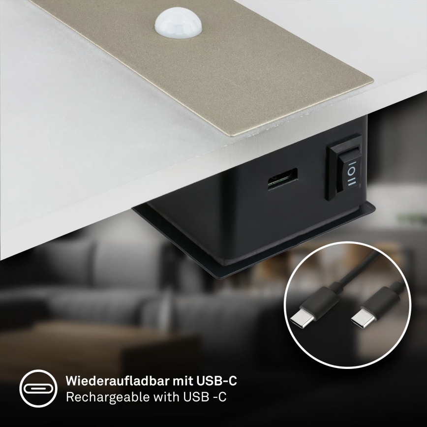 Briloner 3888012 - LED Επαναφορτιζόμενο επιτοίχιο φωτιστικό με αισθητήρα κίνησης και λυκόφωτος AURA LED/2,5W/5V 1800 mAh ματ χρώμιο