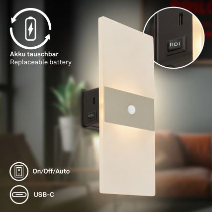 Briloner 3888012 - LED Επαναφορτιζόμενο επιτοίχιο φωτιστικό με αισθητήρα κίνησης και λυκόφωτος AURA LED/2,5W/5V 1800 mAh ματ χρώμιο