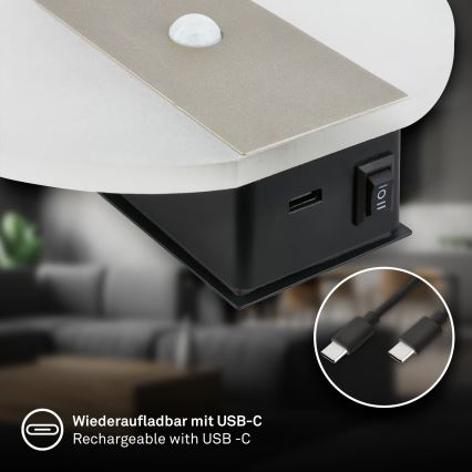 Briloner 3889012 - Επαναφορτιζόμενο επιτοίχιο φωτιστικό LED με αισθητήρα κίνησης και λυκόφωτος TARO LED/2,5W/5V 1800 mAh ματ χρώμιο