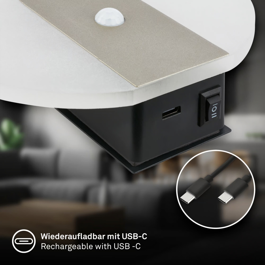 Briloner 3889012 - Επαναφορτιζόμενο επιτοίχιο φωτιστικό LED με αισθητήρα κίνησης και λυκόφωτος TARO LED/2,5W/5V 1800 mAh ματ χρώμιο