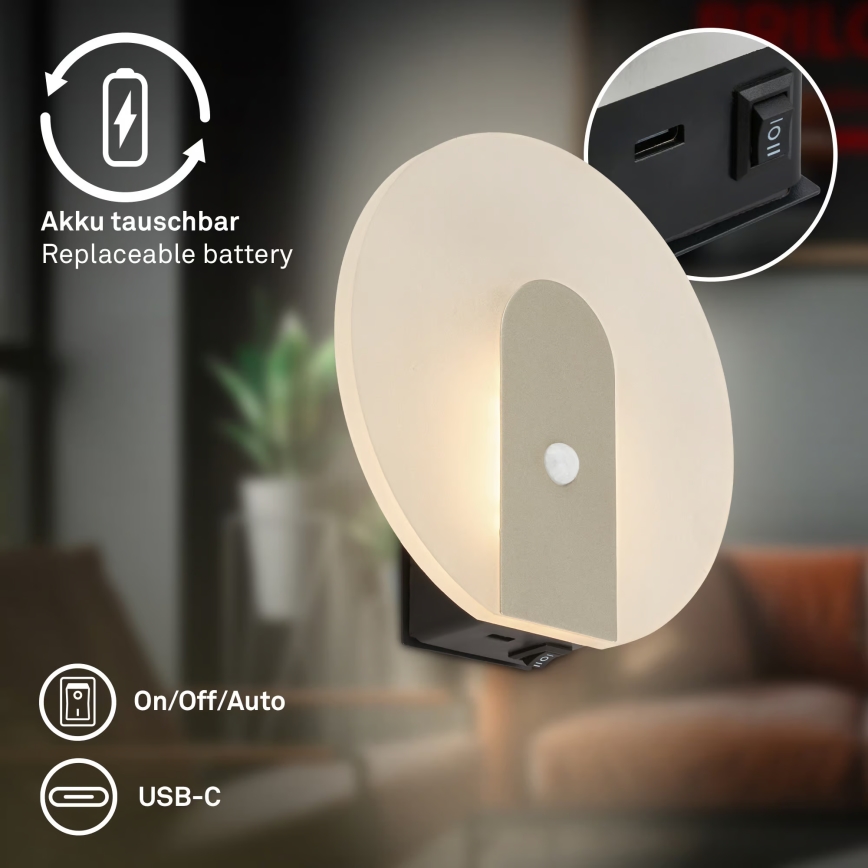 Briloner 3889012 - Επαναφορτιζόμενο επιτοίχιο φωτιστικό LED με αισθητήρα κίνησης και λυκόφωτος TARO LED/2,5W/5V 1800 mAh ματ χρώμιο