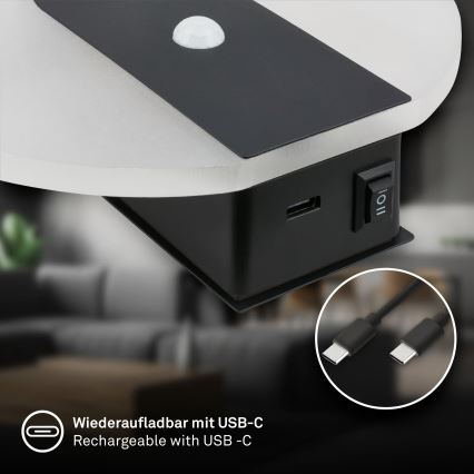 Briloner 3889015 - LED Επαναφορτιζόμενο επιτοίχιο φωτιστικό με αισθητήρα κίνησης και λυκόφωτος TARO LED/2,5W/5V 1800 mAh μαύρο