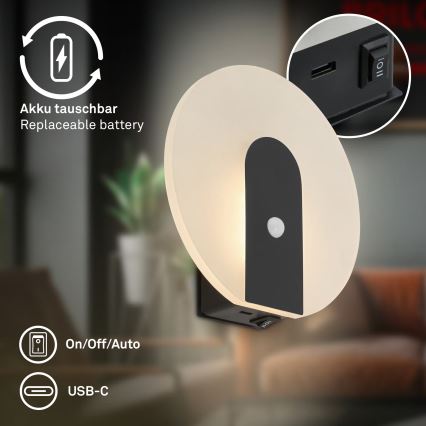 Briloner 3889015 - LED Επαναφορτιζόμενο επιτοίχιο φωτιστικό με αισθητήρα κίνησης και λυκόφωτος TARO LED/2,5W/5V 1800 mAh μαύρο