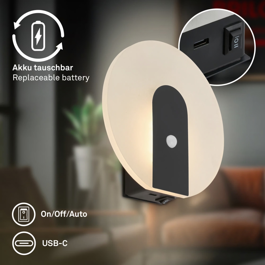Briloner 3889015 - LED Επαναφορτιζόμενο επιτοίχιο φωτιστικό με αισθητήρα κίνησης και λυκόφωτος TARO LED/2,5W/5V 1800 mAh μαύρο