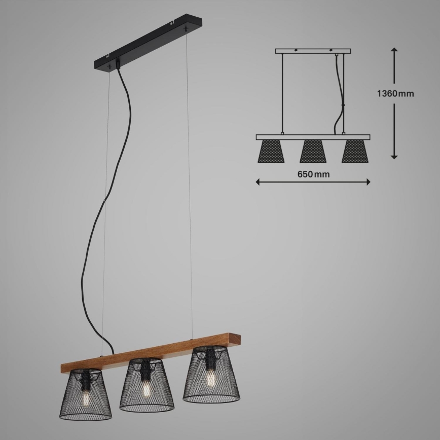 Briloner 4077-035 - Κρεμαστό φωτιστικό οροφής WOOD & STYLE 3xE14/25W/230V Καουτσουκόδεντρο