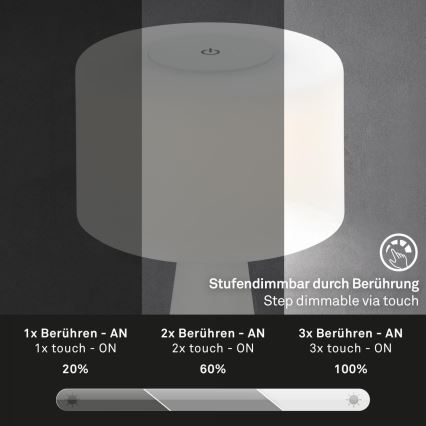 Briloner 7420016 - LED Dimming επαναφορτιζόμενο αφής Εξωτερικού χώρου Επιτραπέζιο φωτιστικό LED/4W/5V IP44 3000K λευκό