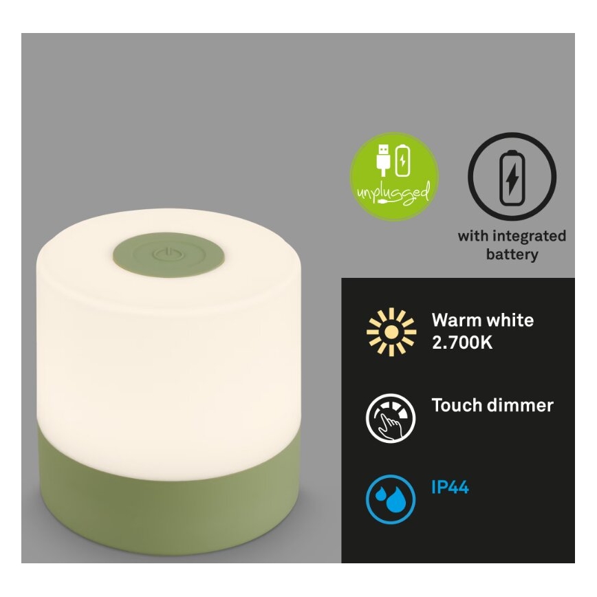 Briloner 7461019 - Επαναφορτιζόμενος εξωτερικός επιτραπέζιος φωτισμός LED με ρύθμιση φωτεινότητας LED/2W/5V IP44 1200 mAh πράσινο