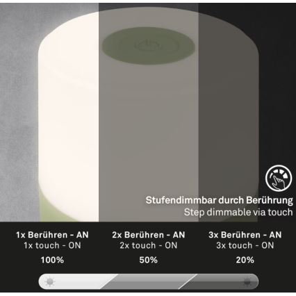 Briloner 7461019 - Επαναφορτιζόμενος εξωτερικός επιτραπέζιος φωτισμός LED με ρύθμιση φωτεινότητας LED/2W/5V IP44 1200 mAh πράσινο