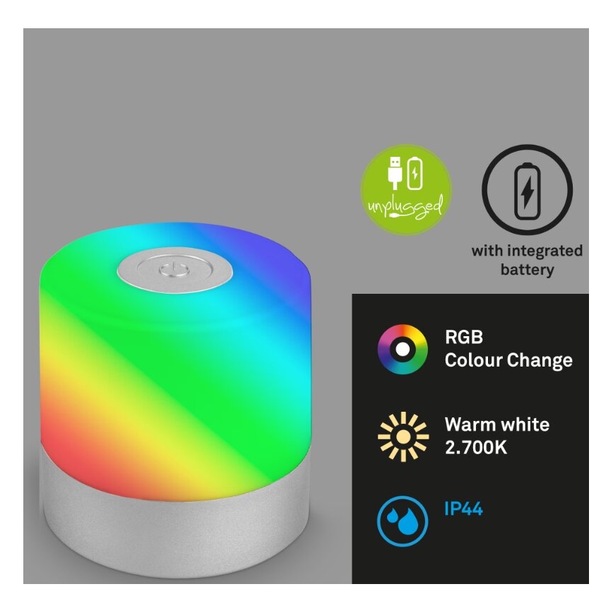 Briloner 7462014 - LED RGB Επαναφορτιζόμενο Εξωτερικού χώρου Επιτραπέζιο φωτιστικό LED/1,5W/5V IP44 1200 mAh ματ χρώμιο