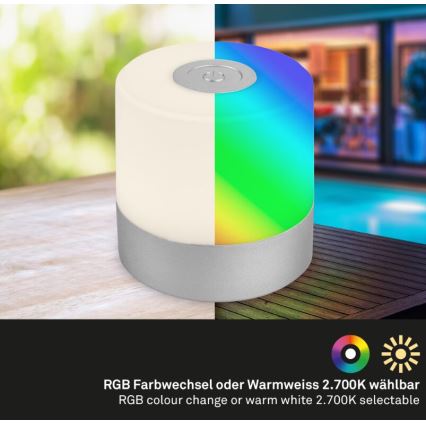 Briloner 7462014 - LED RGB Επαναφορτιζόμενο Εξωτερικού χώρου Επιτραπέζιο φωτιστικό LED/1,5W/5V IP44 1200 mAh ματ χρώμιο