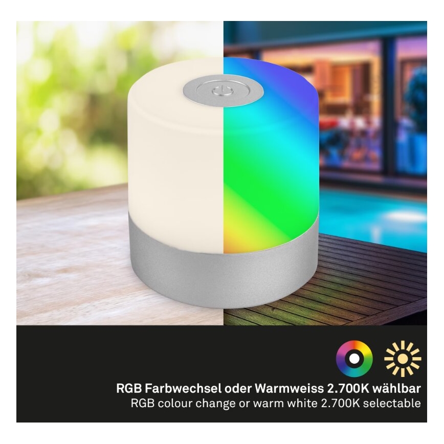 Briloner 7462014 - LED RGB Επαναφορτιζόμενο Εξωτερικού χώρου Επιτραπέζιο φωτιστικό LED/1,5W/5V IP44 1200 mAh ματ χρώμιο