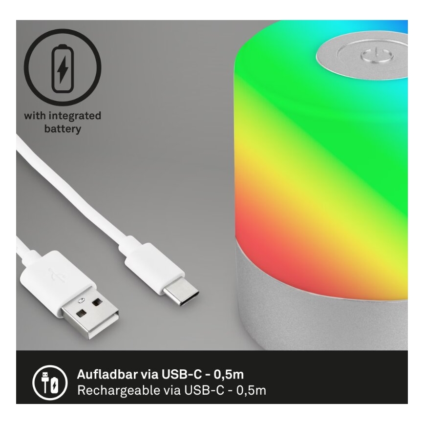 Briloner 7462014 - LED RGB Επαναφορτιζόμενο Εξωτερικού χώρου Επιτραπέζιο φωτιστικό LED/1,5W/5V IP44 1200 mAh ματ χρώμιο