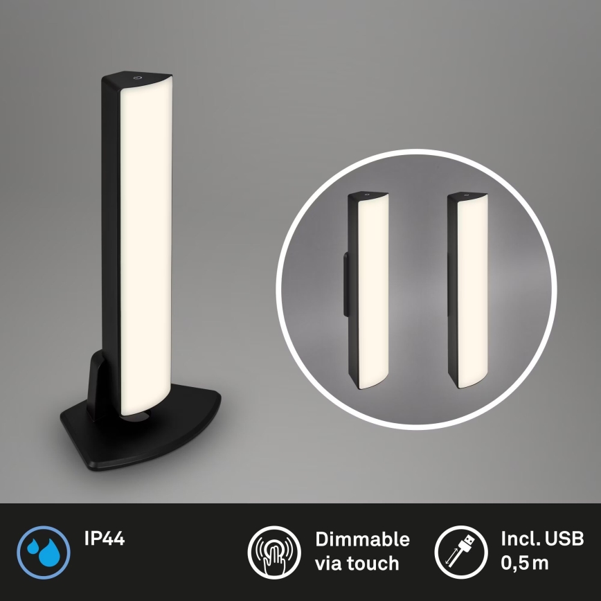Briloner 7474-015 - LED εξωτερικό επιτραπέζιο φωτιστικό με επαναφορτιζόμενη μπαταρία και αφής, 2 σε 1 LED/7W/5V 2x2200 mAh USB 3000K IP44 μαύρο