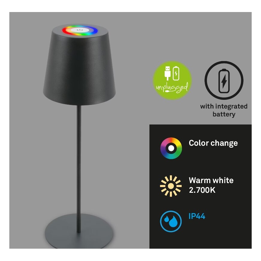 Briloner 7507015 - LED RGB Dimming επαναφορτιζόμενο Εξωτερικού χώρου Επιτραπέζιο φωτιστικό 2σε1 LED/2,5W/5V IP44 ανθρακί