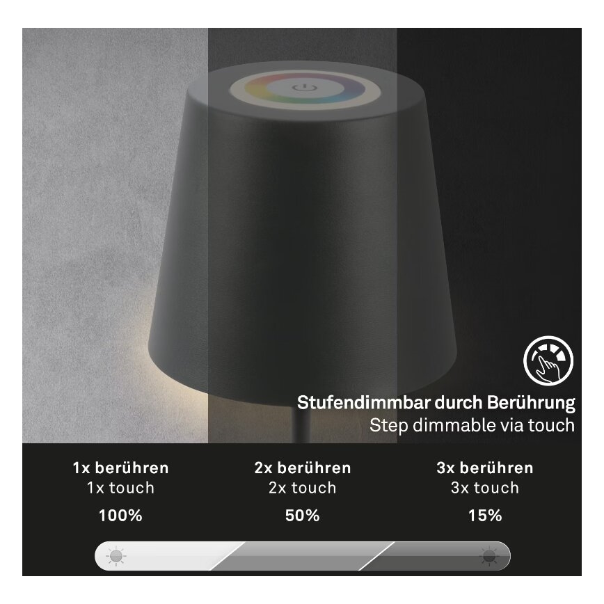 Briloner 7507015 - LED RGB Dimming επαναφορτιζόμενο Εξωτερικού χώρου Επιτραπέζιο φωτιστικό 2σε1 LED/2,5W/5V IP44 ανθρακί