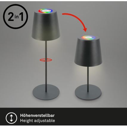 Briloner 7507015 - LED RGB Dimming επαναφορτιζόμενο Εξωτερικού χώρου Επιτραπέζιο φωτιστικό 2σε1 LED/2,5W/5V IP44 ανθρακί