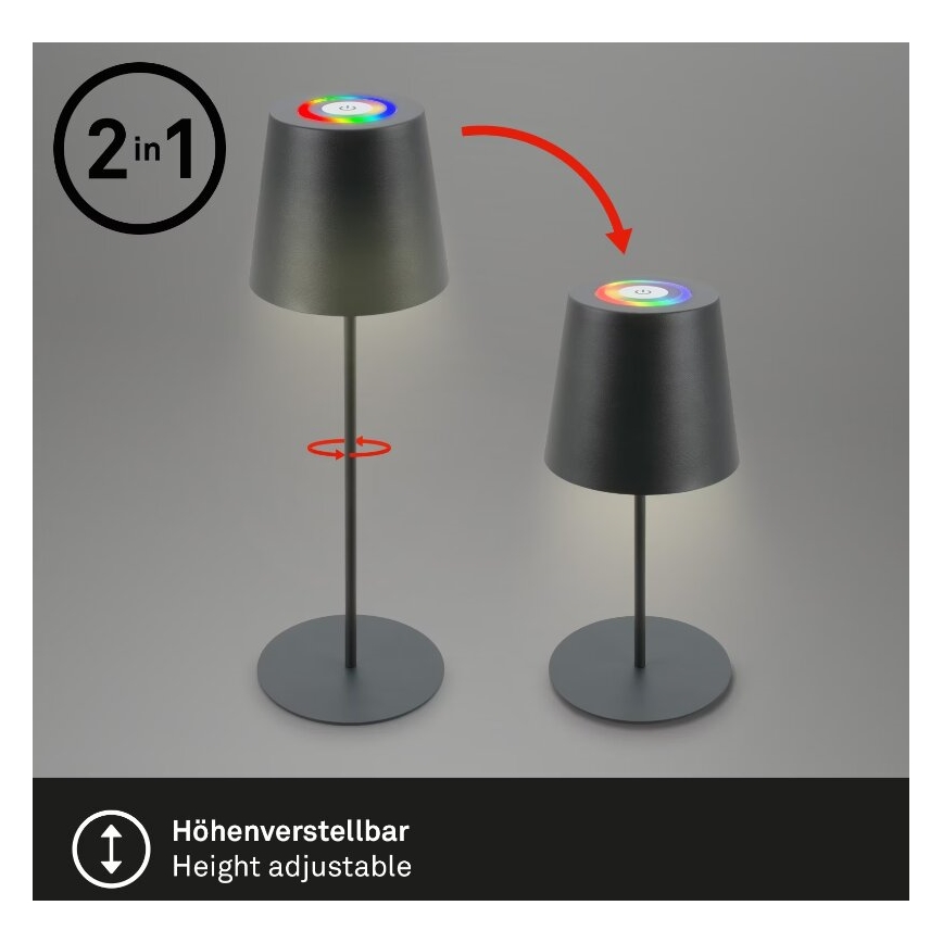 Briloner 7507015 - LED RGB Dimming επαναφορτιζόμενο Εξωτερικού χώρου Επιτραπέζιο φωτιστικό 2σε1 LED/2,5W/5V IP44 ανθρακί