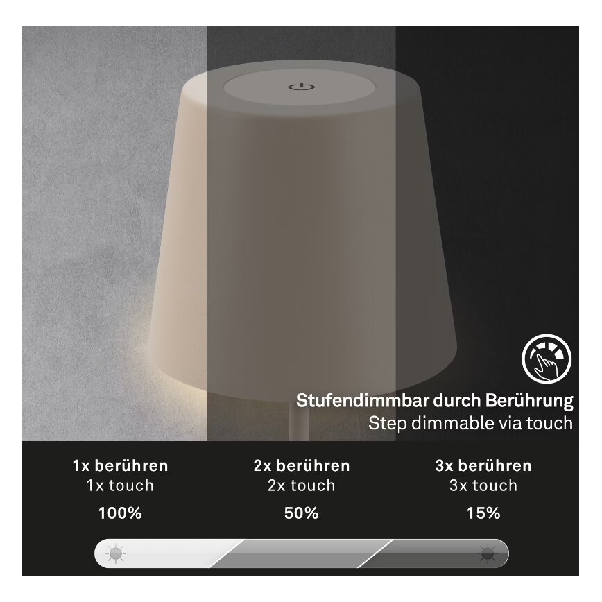 Briloner 7508011 - LED Dimming επαναφορτιζόμενο Εξωτερικού χώρου Επιτραπέζιο φωτιστικό 2σε1 LED/2,5W/5V IP44 μπεζ