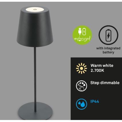 Briloner 7508015 - LED Dimming επαναφορτιζόμενο Εξωτερικού χώρου Επιτραπέζιο φωτιστικό 2σε1 LED/2,5W/5V IP44 ανθρακί