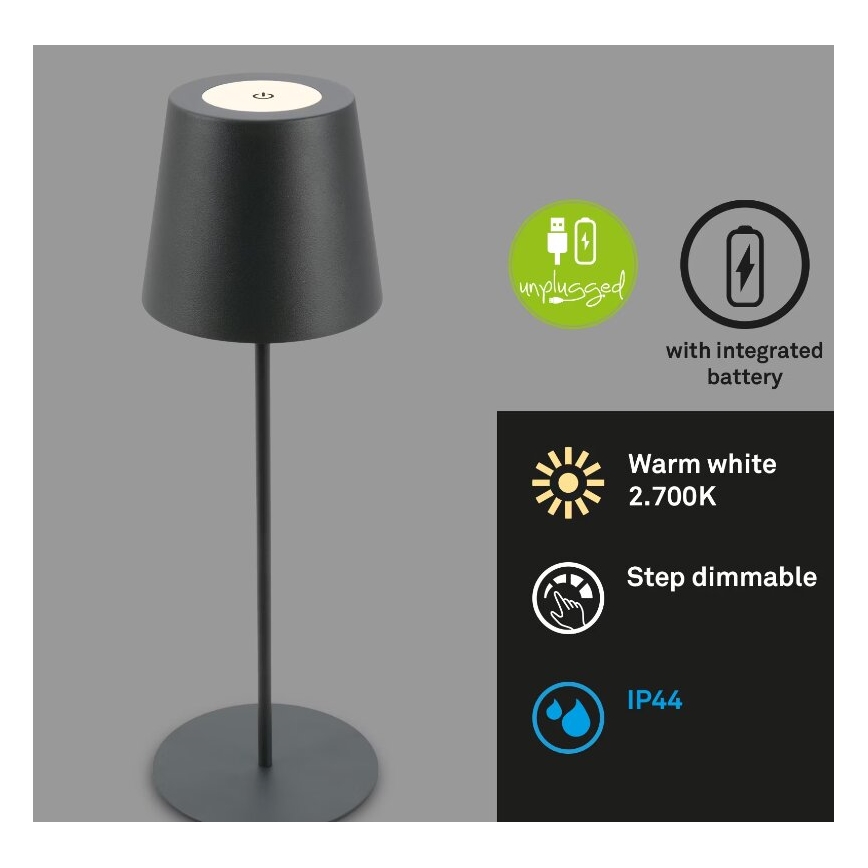 Briloner 7508015 - LED Dimming επαναφορτιζόμενο Εξωτερικού χώρου Επιτραπέζιο φωτιστικό 2σε1 LED/2,5W/5V IP44 ανθρακί