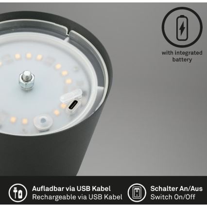 Briloner 7508015 - LED Dimming επαναφορτιζόμενο Εξωτερικού χώρου Επιτραπέζιο φωτιστικό 2σε1 LED/2,5W/5V IP44 ανθρακί