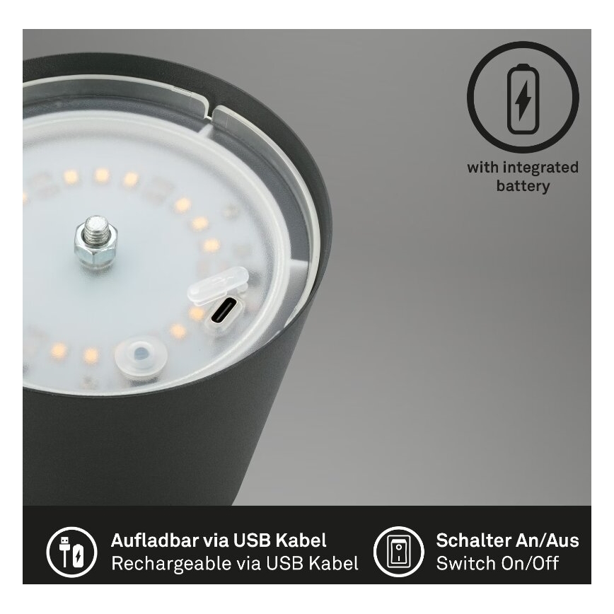 Briloner 7508015 - LED Dimming επαναφορτιζόμενο Εξωτερικού χώρου Επιτραπέζιο φωτιστικό 2σε1 LED/2,5W/5V IP44 ανθρακί