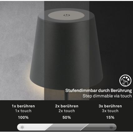 Briloner 7508015 - LED Dimming επαναφορτιζόμενο Εξωτερικού χώρου Επιτραπέζιο φωτιστικό 2σε1 LED/2,5W/5V IP44 ανθρακί