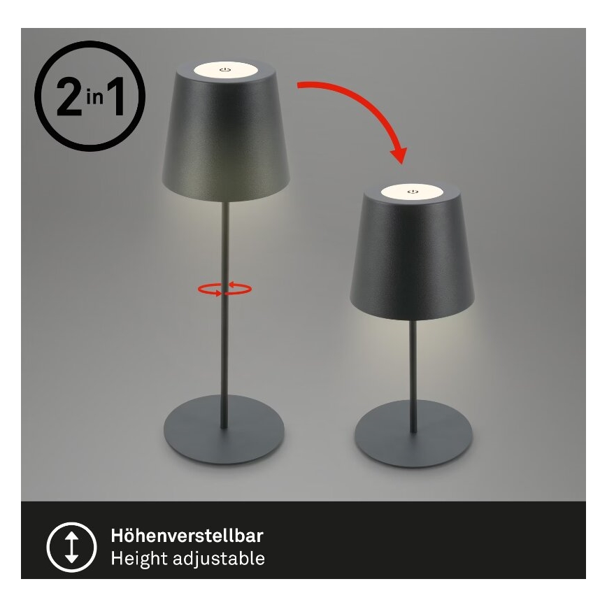 Briloner 7508015 - LED Dimming επαναφορτιζόμενο Εξωτερικού χώρου Επιτραπέζιο φωτιστικό 2σε1 LED/2,5W/5V IP44 ανθρακί