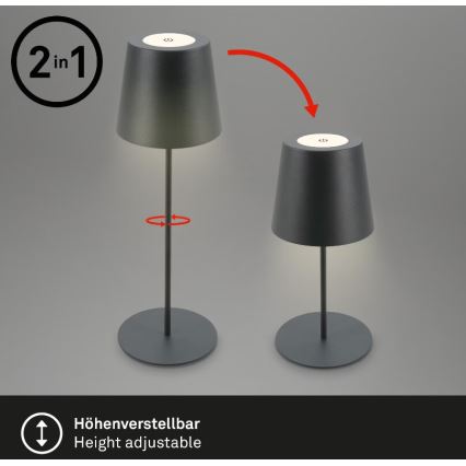 Briloner 7508015 - Επαναφορτιζόμενος εξωτερικός επιτραπέζιος φωτιστικό LED 2 σε 1 με ρύθμιση φωτεινότητας LED/2,5W/5V IP44 μαύρο