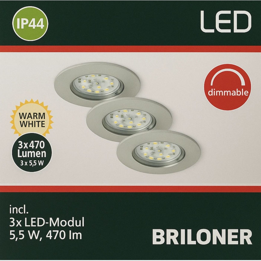 Briloner - ΣΕΤ 3x LED Dimmable χωνευτό φωτιστικό μπάνιου LED/5,5W/230V IP44