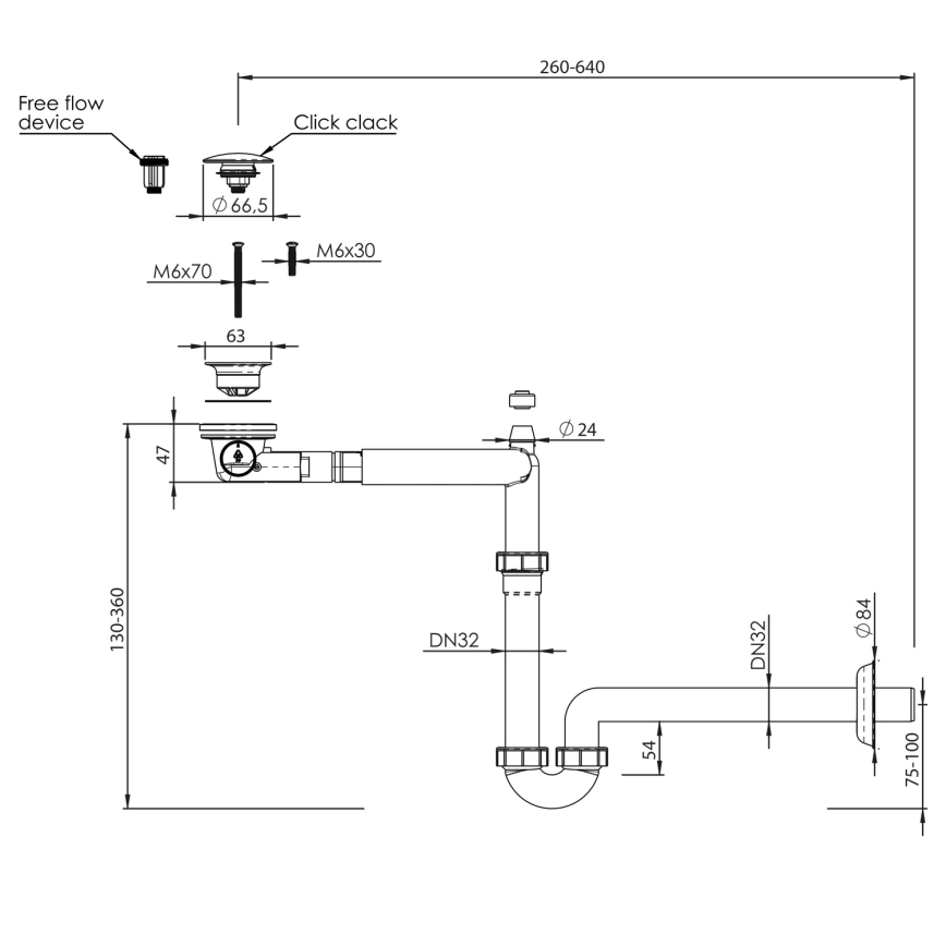 Bruckner - Σιφώνι νιπτήρος με βαλβίδαCLICK-CLACK DN32 λευκό/γυαλιστερό χρώμιο