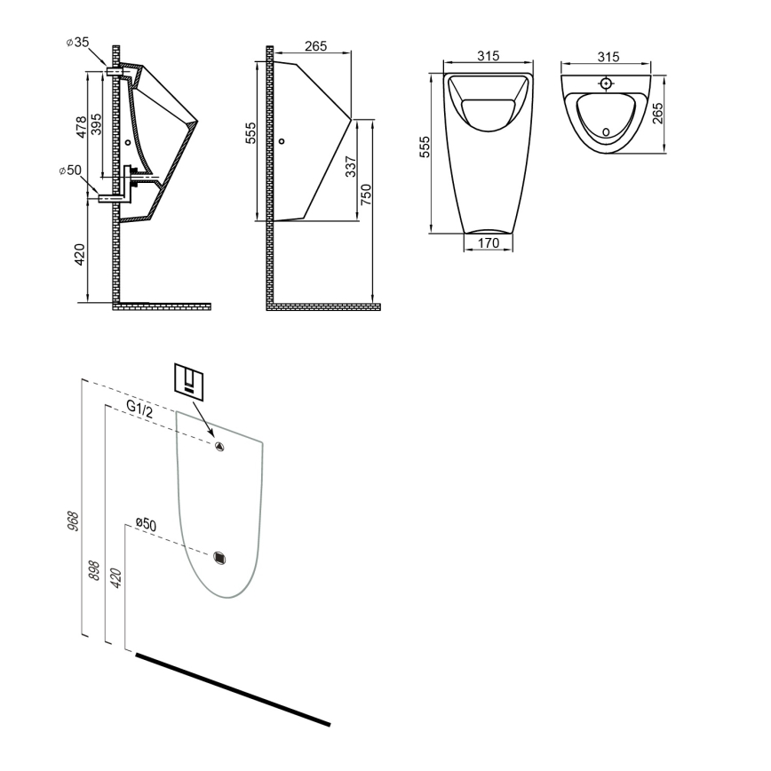 Bruckner - Ουρητήριο SCHWARN οπίσθια είσοδος, οπίσθια απόρριψη κεραμικό/ματ μαύρο