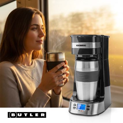 Butler - Καφετιέρα για μία κούπα 0,4 l με χρονοδιακόπτη και ταξιδιωτικό κύπελλο 750W/230V ανοξείδωτη/μαύρη