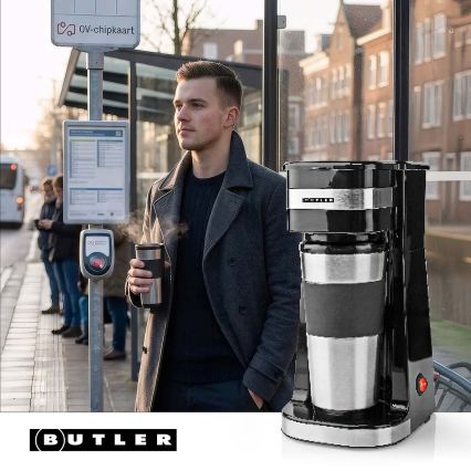 Butler - Καφετιέρα για μία κούπα 0,4 l με ταξιδιωτική κούπα 750W/230V ανοξείδωτο/μαύρο