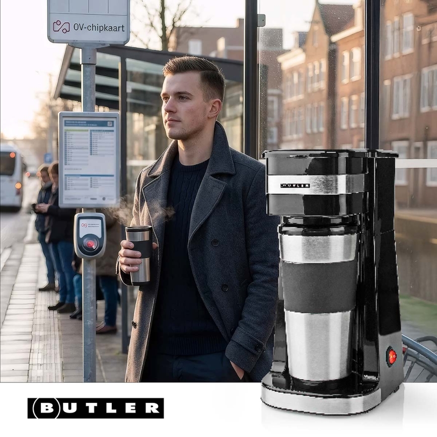 Butler - Καφετιέρα για μία κούπα 0,4 l με ταξιδιωτική κούπα 750W/230V ανοξείδωτο/μαύρο