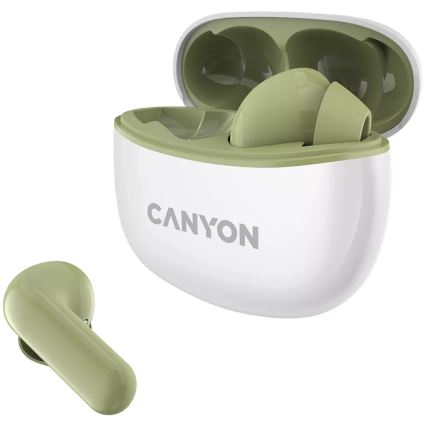 Canyon - Ασύρματα στερεοφωνικά ακουστικά True Wireless 500 mAh + 2x 40 mAh λευκό/πράσινο