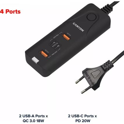 Canyon - Φορτιστής 2xUSB A + 2xUSB C Power Delivery 20W
