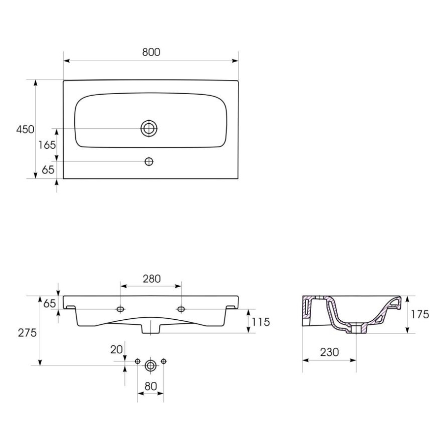 Cersanit K116-013 - Νιπτήρας MODUO 45x80 cm για τοποθέτηση σε πάγκο ή κρεμαστό, κεραμικός, γυαλιστερό λευκό