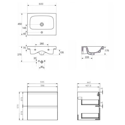 Cersanit S801-223-DSM - Κρεμαστή ντουλάπα μπάνιου MODUO 60x57x45 cm με νιπτήρα, σε γυαλιστερό λευκό